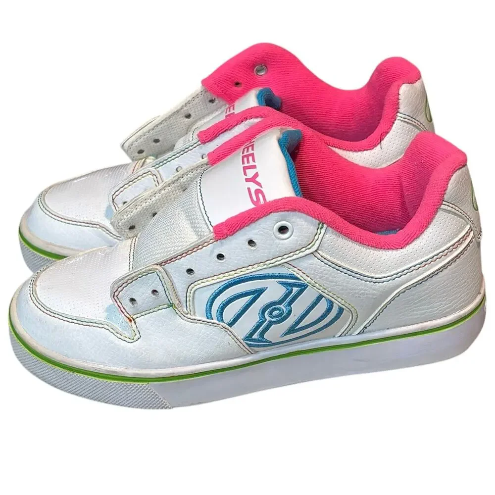 Heelys Girls Motion Plus White Pink Blue Green Roller Tennis Shoes Size 4 READ